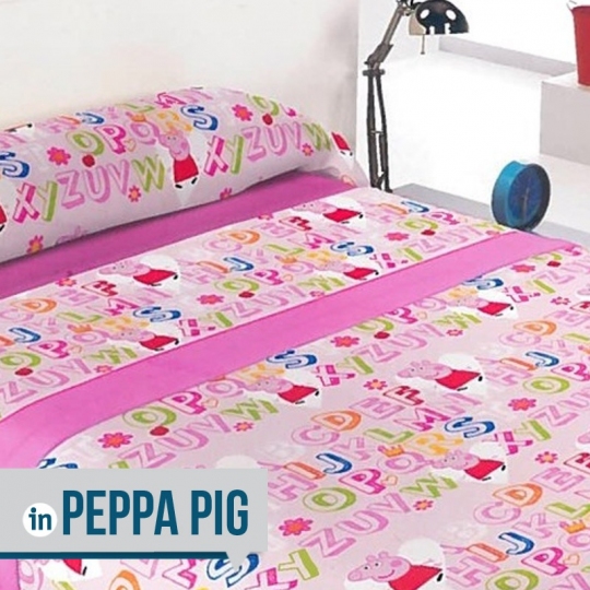 Lenzuola bambina Peppa Pig © set da 3 pezzi per letto singolo - disegno lettere 100% cotone
